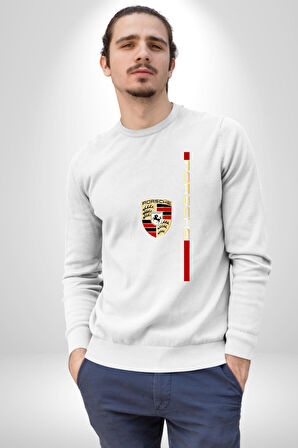 Porsche Logo Klasik Stil Tasarım Erkek Kadın Unisex Dijital Baskılı Beyaz Sweatshirt
