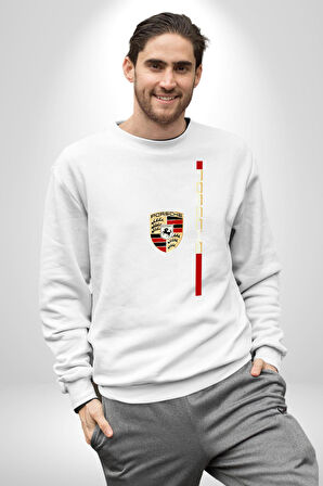 Porsche Logo Klasik Stil Tasarım Erkek Kadın Unisex Dijital Baskılı Beyaz Sweatshirt
