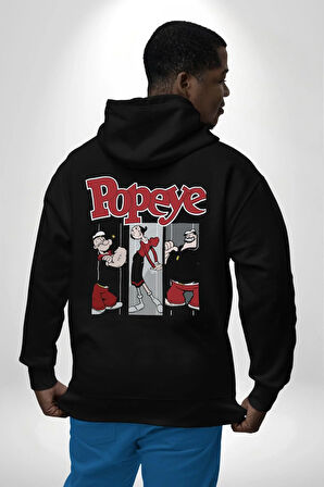 Popeye Karikatür Karakterleri Retro Tasarım Erkek Kadın Siyah Ön Sırt Baskılı Kapüşonlu Sweatshirt Hoodie