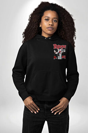 Popeye Karikatür Karakterleri Retro Tasarım Erkek Kadın Siyah Ön Sırt Baskılı Kapüşonlu Sweatshirt Hoodie