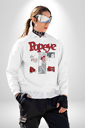 Popeye Karikatür Karakterleri Retro Tasarım Erkek Kadın Unisex Dijital Baskılı Beyaz Sweatshirt