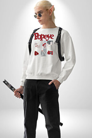 Popeye Karikatür Karakterleri Retro Tasarım Erkek Kadın Unisex Dijital Baskılı Beyaz Sweatshirt