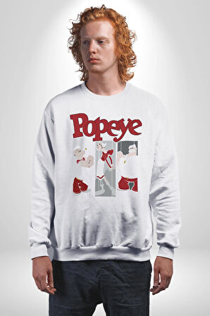 Popeye Karikatür Karakterleri Retro Tasarım Erkek Kadın Unisex Dijital Baskılı Beyaz Sweatshirt