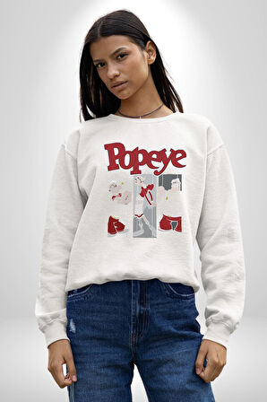 Popeye Karikatür Karakterleri Retro Tasarım Erkek Kadın Unisex Dijital Baskılı Beyaz Sweatshirt