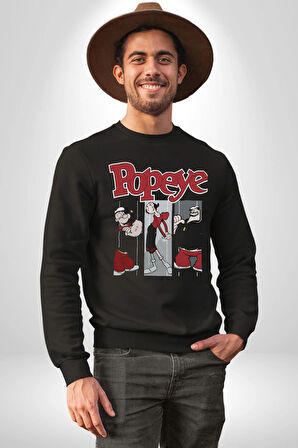 Popeye Karikatür Karakterleri Retro Tasarım Erkek Kadın Unisex Dijital Baskılı Siyah Sweatshirt