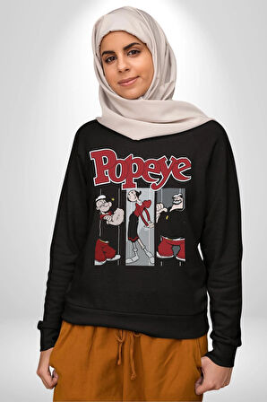 Popeye Karikatür Karakterleri Retro Tasarım Erkek Kadın Unisex Dijital Baskılı Siyah Sweatshirt
