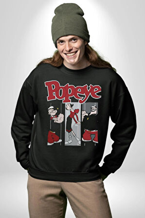 Popeye Karikatür Karakterleri Retro Tasarım Erkek Kadın Unisex Dijital Baskılı Siyah Sweatshirt