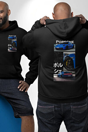 Porsche GT3 Japon Stil Performans Tasarımı Erkek Kadın Siyah Ön Sırt Baskılı Kapüşonlu Sweatshirt Hoodie