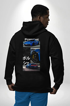 Porsche GT3 Japon Stil Performans Tasarımı Erkek Kadın Siyah Ön Sırt Baskılı Kapüşonlu Sweatshirt Hoodie