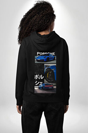 Porsche GT3 Japon Stil Performans Tasarımı Erkek Kadın Siyah Ön Sırt Baskılı Kapüşonlu Sweatshirt Hoodie