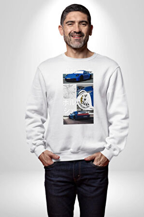 Porsche GT3 Japon Stil Performans Tasarımı Erkek Kadın Unisex Dijital Baskılı Beyaz Sweatshirt