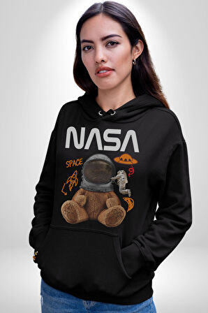 Nasa Astronot Ayı Tedy Uzay Erkek Kadın Siyah Dijital Baskılı Kapüşonlu Sweatshirt Hoodie