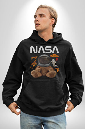 Nasa Astronot Ayı Tedy Uzay Erkek Kadın Siyah Dijital Baskılı Kapüşonlu Sweatshirt Hoodie