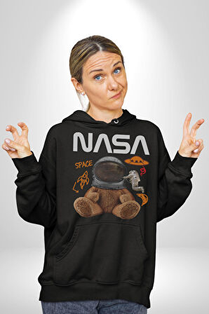 Nasa Astronot Ayı Tedy Uzay Erkek Kadın Siyah Dijital Baskılı Kapüşonlu Sweatshirt Hoodie