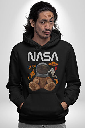 Nasa Astronot Ayı Tedy Uzay Erkek Kadın Siyah Dijital Baskılı Kapüşonlu Sweatshirt Hoodie