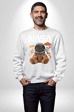 Nasa Astronot Ayı Tedy Uzay Erkek Kadın Unisex Dijital Baskılı Beyaz Sweatshirt