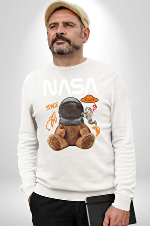 Nasa Astronot Ayı Tedy Uzay Erkek Kadın Unisex Dijital Baskılı Beyaz Sweatshirt