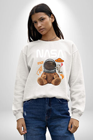 Nasa Astronot Ayı Tedy Uzay Erkek Kadın Unisex Dijital Baskılı Beyaz Sweatshirt
