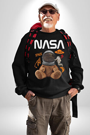 Nasa Astronot Ayı Tedy Uzay Erkek Kadın Unisex Dijital Baskılı Siyah Sweatshirt