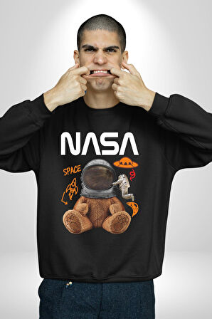 Nasa Astronot Ayı Tedy Uzay Erkek Kadın Unisex Dijital Baskılı Siyah Sweatshirt