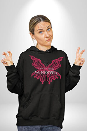 Aşk Kazanır Ölüm Kelebek Tasarımı Aşkın Ateşi Erkek Kadın Siyah Dijital Baskılı Kapüşonlu Sweatshirt Hoodie