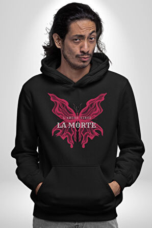 Aşk Kazanır Ölüm Kelebek Tasarımı Aşkın Ateşi Erkek Kadın Siyah Dijital Baskılı Kapüşonlu Sweatshirt Hoodie
