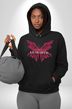 Aşk Kazanır Ölüm Kelebek Tasarımı Aşkın Ateşi Erkek Kadın Siyah Dijital Baskılı Kapüşonlu Sweatshirt Hoodie