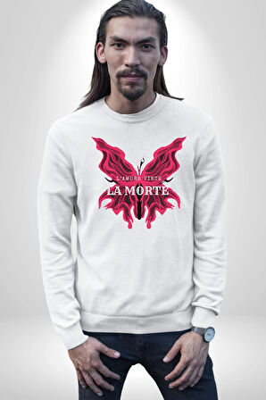 Aşk Kazanır Ölüm Kelebek Tasarımı Aşkın Ateşi Erkek Kadın Unisex Dijital Baskılı Beyaz Sweatshirt