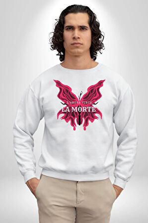 Aşk Kazanır Ölüm Kelebek Tasarımı Aşkın Ateşi Erkek Kadın Unisex Dijital Baskılı Beyaz Sweatshirt