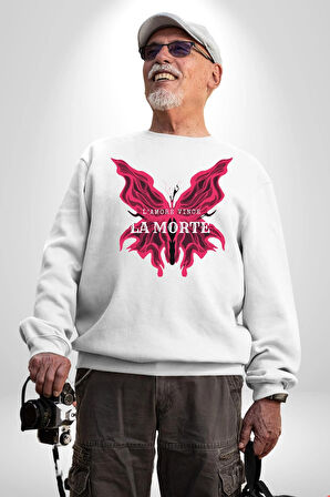 Aşk Kazanır Ölüm Kelebek Tasarımı Aşkın Ateşi Erkek Kadın Unisex Dijital Baskılı Beyaz Sweatshirt