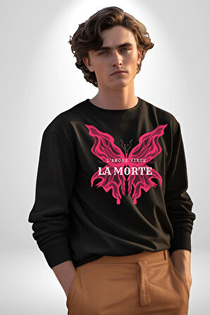 Aşk Kazanır Ölüm Kelebek Tasarımı Aşkın Ateşi Erkek Kadın Unisex Dijital Baskılı Siyah Sweatshirt