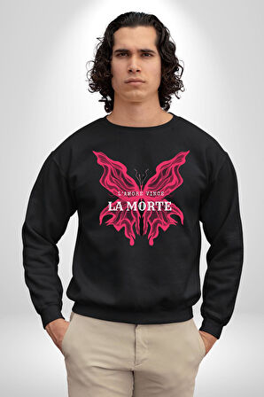 Aşk Kazanır Ölüm Kelebek Tasarımı Aşkın Ateşi Erkek Kadın Unisex Dijital Baskılı Siyah Sweatshirt