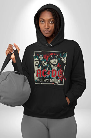 AC/DC Highway to Hell Rock Tasarım Erkek Kadın Siyah Dijital Baskılı Kapüşonlu Sweatshirt Hoodie