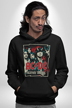 AC/DC Highway to Hell Rock Tasarım Erkek Kadın Siyah Dijital Baskılı Kapüşonlu Sweatshirt Hoodie