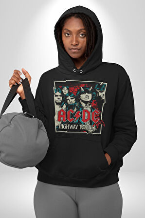 AC/DC Highway to Hell Rock Tasarım Erkek Kadın Siyah Dijital Baskılı Kapüşonlu Sweatshirt Hoodie