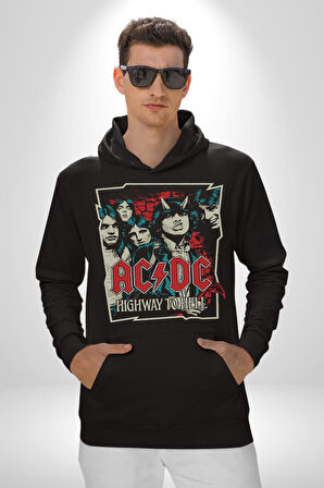 AC/DC Highway to Hell Rock Tasarım Erkek Kadın Siyah Dijital Baskılı Kapüşonlu Sweatshirt Hoodie