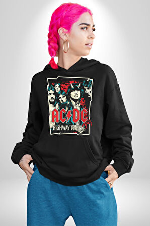 AC/DC Highway to Hell Rock Tasarım Erkek Kadın Siyah Dijital Baskılı Kapüşonlu Sweatshirt Hoodie