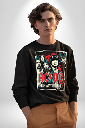 AC/DC Highway to Hell Rock Tasarım Erkek Kadın Unisex Dijital Baskılı Siyah Sweatshirt