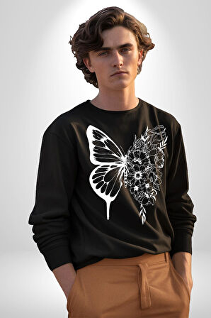 Beyaz Kelebek Ve Çiçekler Erkek Kadın Unisex Dijital Baskılı Siyah Sweatshirt