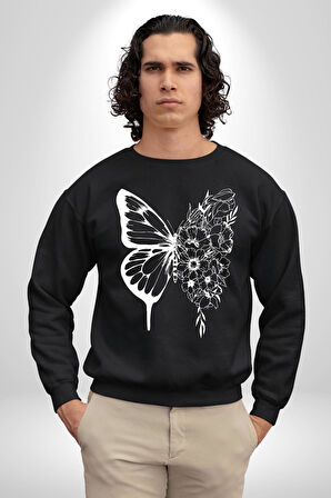 Beyaz Kelebek Ve Çiçekler Erkek Kadın Unisex Dijital Baskılı Siyah Sweatshirt