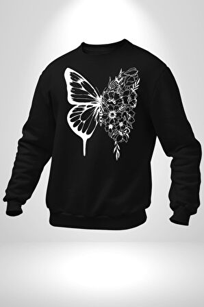 Beyaz Kelebek Ve Çiçekler Erkek Kadın Unisex Dijital Baskılı Siyah Sweatshirt