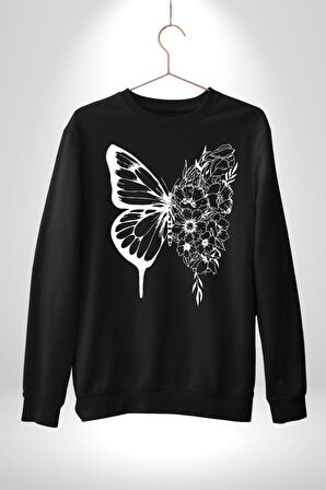 Beyaz Kelebek Ve Çiçekler Erkek Kadın Unisex Dijital Baskılı Siyah Sweatshirt