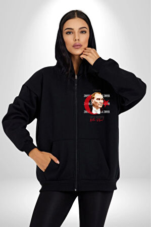 30 Ağustos Zafer Bayramı Ve Atatürk Ay Yıldız Erkek Kadın Siyah Fermuarlı Baskılı Hırka Sweatshirt