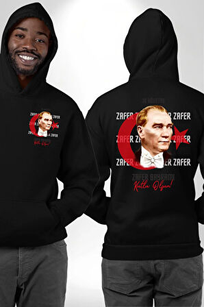 30 Ağustos Zafer Bayramı Ve Atatürk Ay Yıldız Erkek Kadın Siyah Ön Sırt Baskılı Kapüşonlu Sweatshirt Hoodie