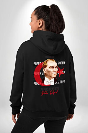 30 Ağustos Zafer Bayramı Ve Atatürk Ay Yıldız Erkek Kadın Siyah Ön Sırt Baskılı Kapüşonlu Sweatshirt Hoodie