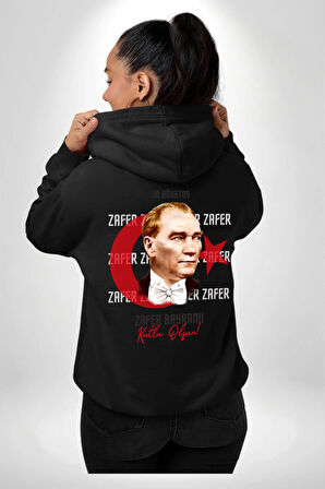 30 Ağustos Zafer Bayramı Ve Atatürk Ay Yıldız Erkek Kadın Siyah Ön Sırt Baskılı Kapüşonlu Sweatshirt Hoodie