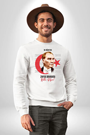 30 Ağustos Zafer Bayramı Ve Atatürk Ay Yıldız Erkek Kadın Unisex Dijital Baskılı Beyaz Sweatshirt