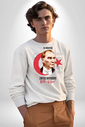 30 Ağustos Zafer Bayramı Ve Atatürk Ay Yıldız Erkek Kadın Unisex Dijital Baskılı Beyaz Sweatshirt