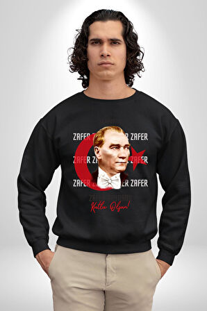 30 Ağustos Zafer Bayramı Ve Atatürk Ay Yıldız Erkek Kadın Unisex Dijital Baskılı Siyah Sweatshirt