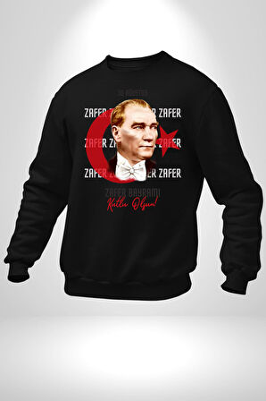 30 Ağustos Zafer Bayramı Ve Atatürk Ay Yıldız Erkek Kadın Unisex Dijital Baskılı Siyah Sweatshirt